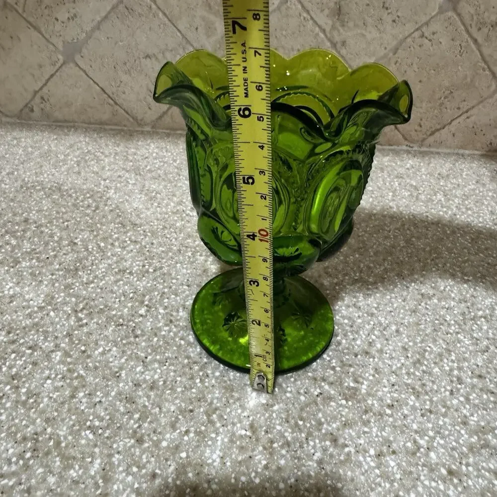 Vintage LE Smith Green Moon & Stars‎ Ruffled Footed Open Vase Compote 5 3/4